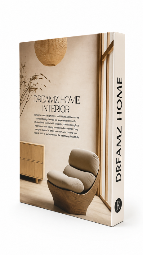 کتاب دکوری Dreamz Home Interior با طراحی مدرن و مینیمال روی پسزمینه سفید