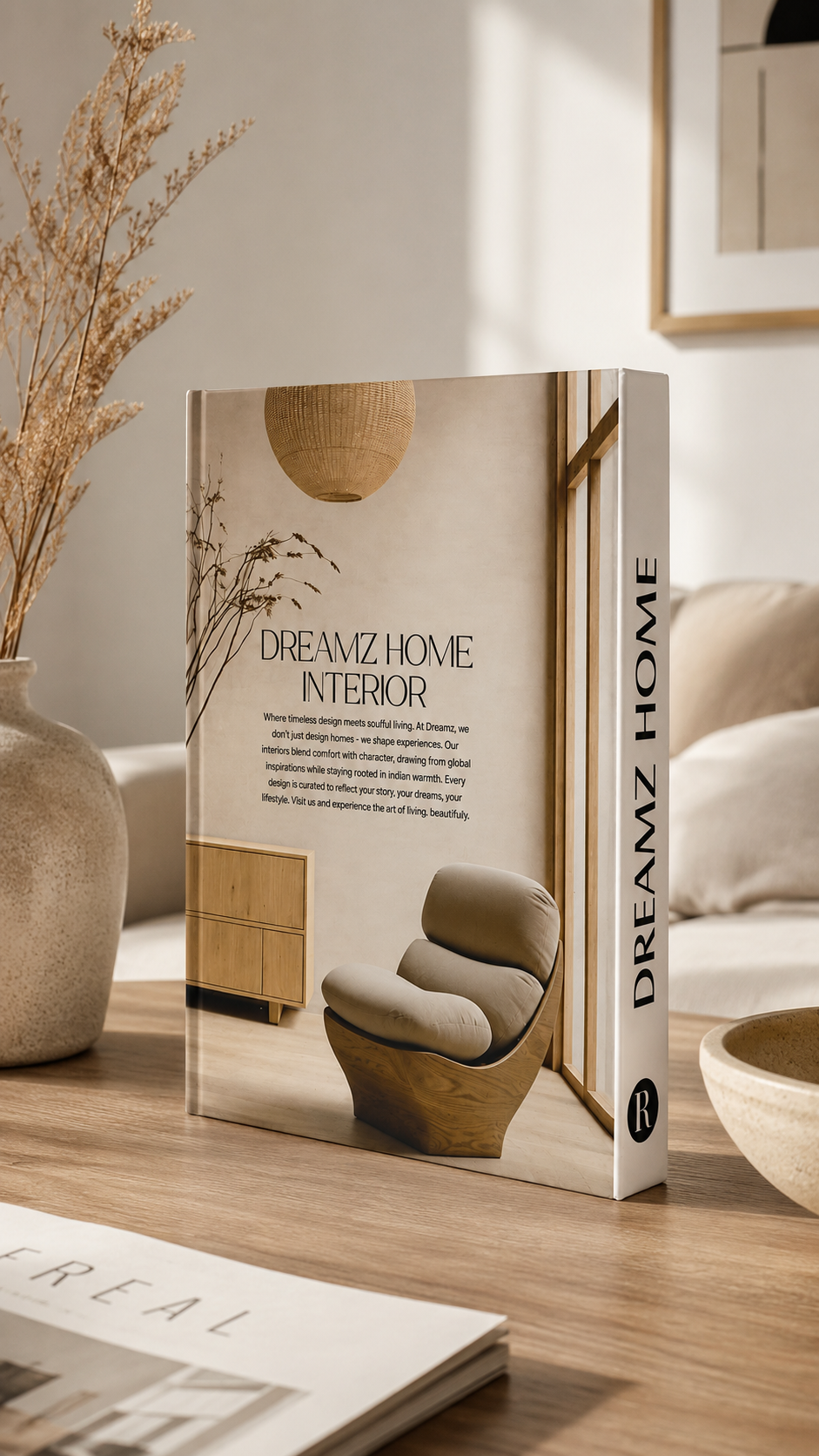 کتاب دکوری Dreamz Home Interior در چیدمان دکور مدرن روی میز همراه با اکسسوری‌های دکوراتیو