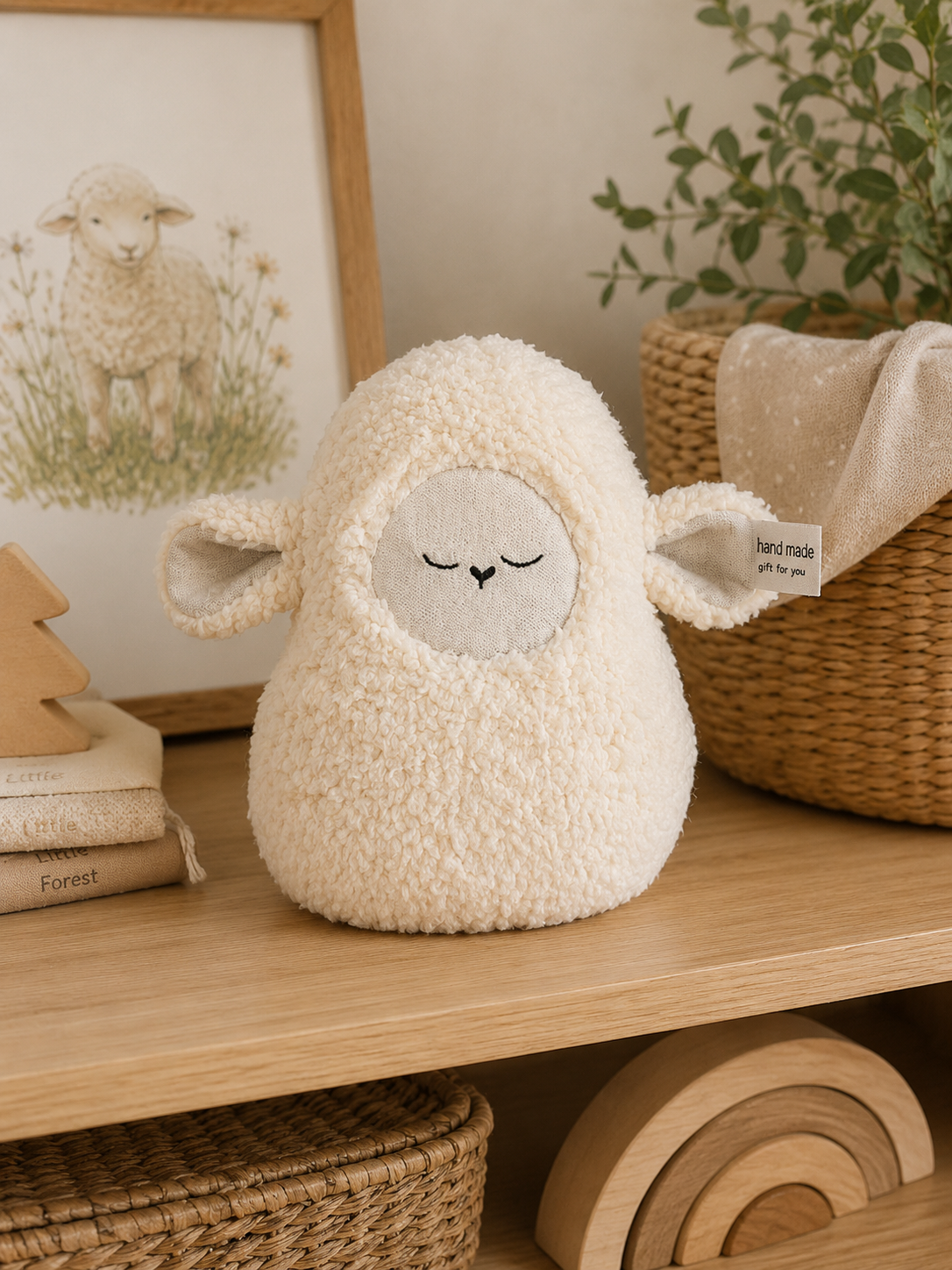عروسک پارچه‌ای گوسفند ساریگل با طراحی مینیمال، مناسب دکور اتاق کودک، سیسمونی و دکوراسیون مدرن